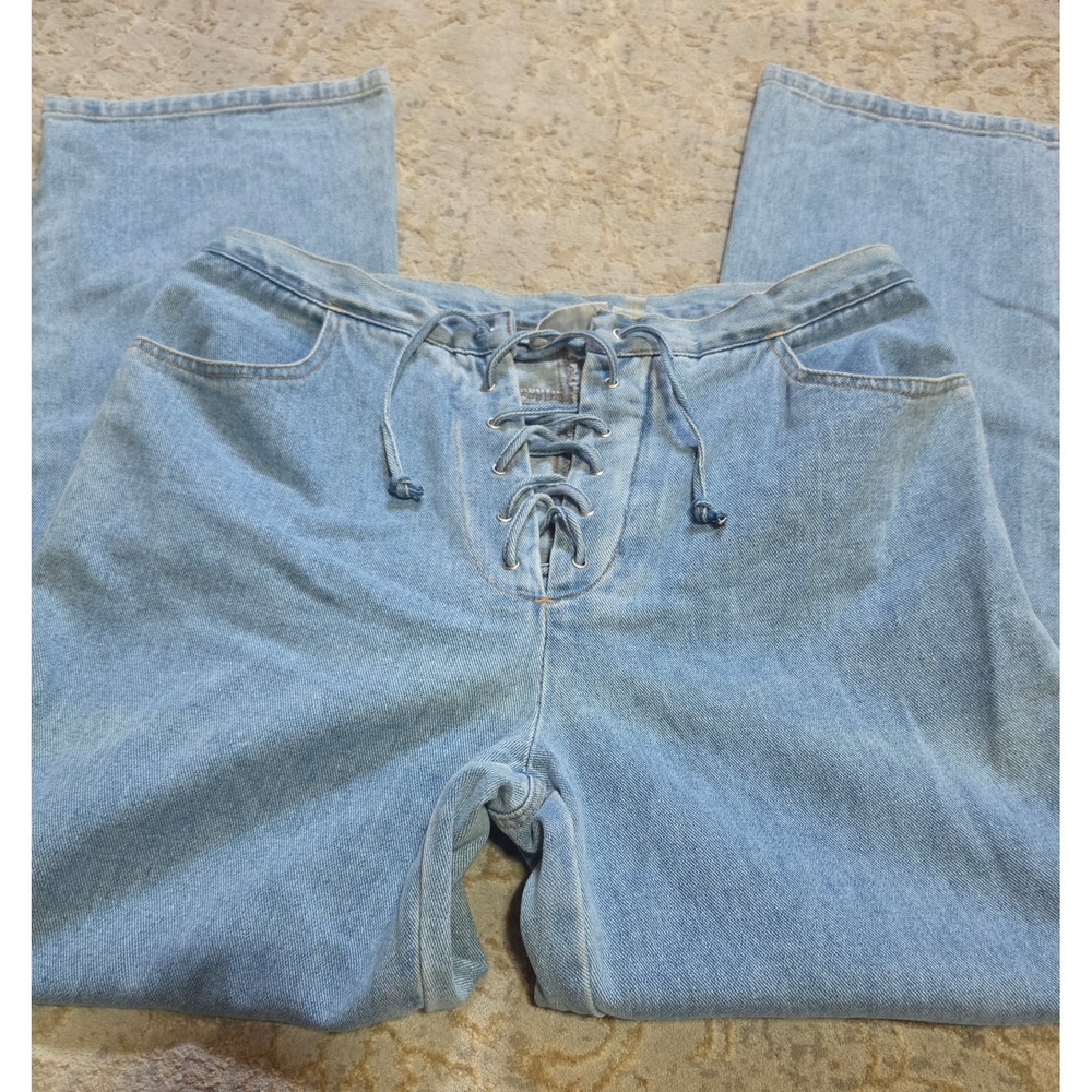 Vtg Newport News Jeanology Light Wash Lace Up Front Straight Leg Jeans Size 14
